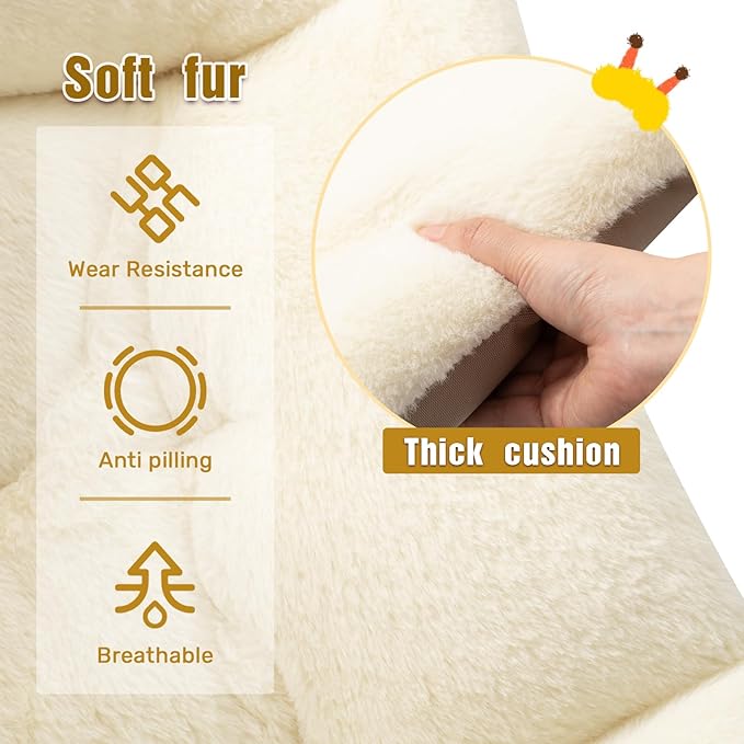 HollyHOME X-Large Saucer Chair with Foldable Ottoman, Comfy Oversized Folding Chair and Folding Footrest Stool Set, Faux-Fur Reading Chair and Footstool for Living Room, Bedroom, Beige Chair&Stool