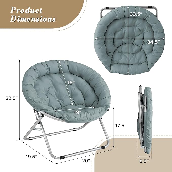 Athena Collection Comfy Saucer Chair Folding Cozy Chair for Bed Room Living Room Accent Chair Fabric Reading Chair Foldable Metal Frame Lazy Chair Moon Chair for Adult, Teal - Silver Stand
