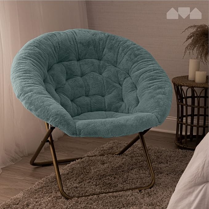 Milliard Saucer Chair For Adults, Teens & Kids, Blue, Faux Fur XL Circle Chair for Bedroom, Dorm & Gaming, Foldable Comfy Accent Seat for Small Spaces, Folding Moon / Mushroom / Round Oversized Style