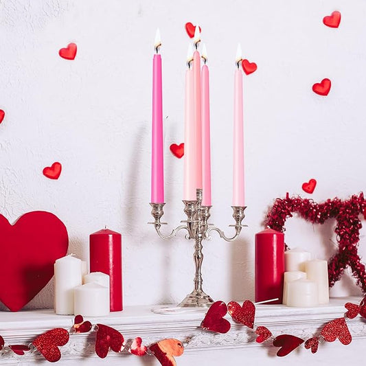 12-Inch Assorted Pink Taper Candles, 6-Pack Smokeless Dripless Long Candlesticks, Unscented Tapered Dinner Candles for Home, Wedding, Party, and Romantic Decor