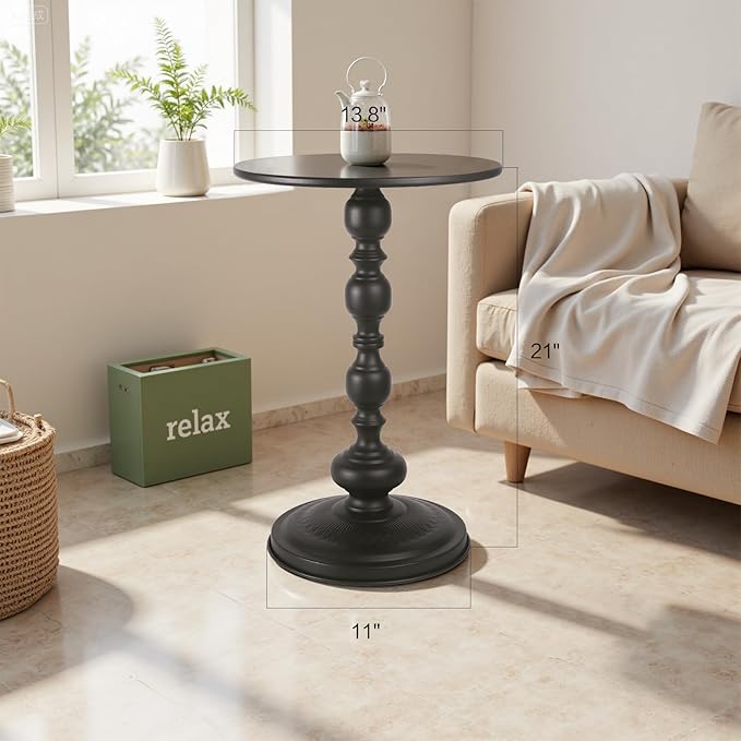 Metal Small Round End Table,Vintage Bedside Drink Table Nightstand for Small Spaces,Modern Accent Pedestal Tables Coffee Tables for Living Room, Bedroom, Corners, Patio,Black