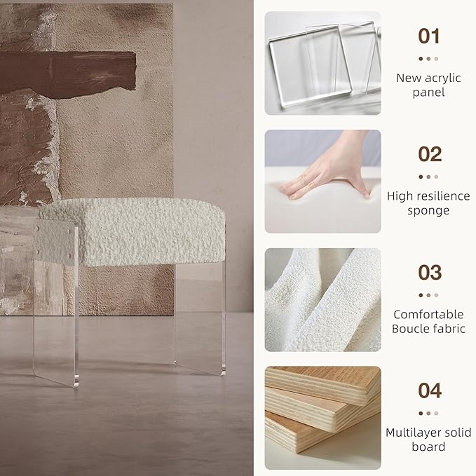 Vanity Stool Chair and Pouf Ottoman-Modern Multifunctional Vanity Stool and Foot Rest with Wool and Acrylic Leg for Makeup Room, Living Room, Bedroom