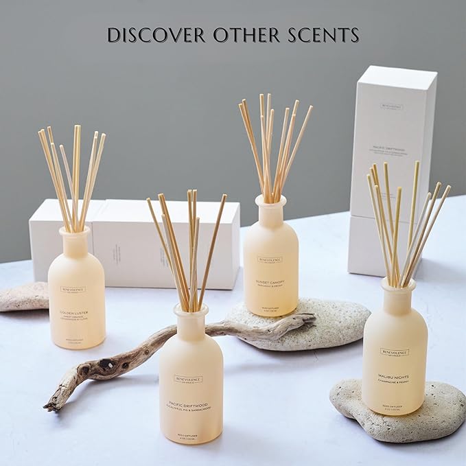 Benevolence LA Reed Diffuser for Home | Patchouli & Ebony | Elegant Home & Bathroom Decor | Long-Lasting Oil Diffuser Sticks | Malibu Sands Collection
