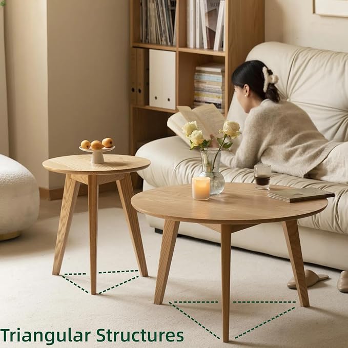 100% Solid Oak Wood Mini Coffee Table, Round Cofffe Tables Side Table w/Solid Wood Legs, Walnut Mid Century Table for Bedroom Balcony Living Room (29.53" D x 17.72" H)