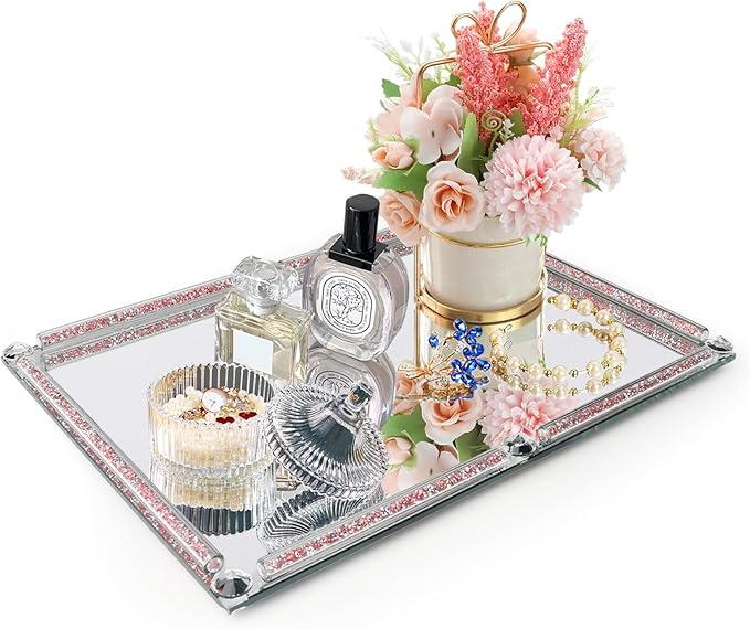 Large Mirror Perfume Tray for Dresser,Pink Crushed Diamond Filled Glass Vanity Tray,Decorative Bathroom Tray,Crystal Tray for Home Decorative,Party,Hotel Banquet,15.7x11.8x1.4inch,Pink