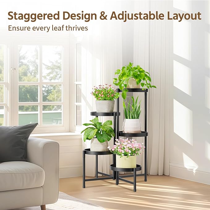 LASZOLA 5 Tiered Folding Plant Stand Indoor for Multiple Large Planter, Tall Heavy Duty Adjustable Rack with Rust Proof 10 Inch Wide Tray, Sturdy Vertical Tree Organizer for Narrow Inside Floor, Black