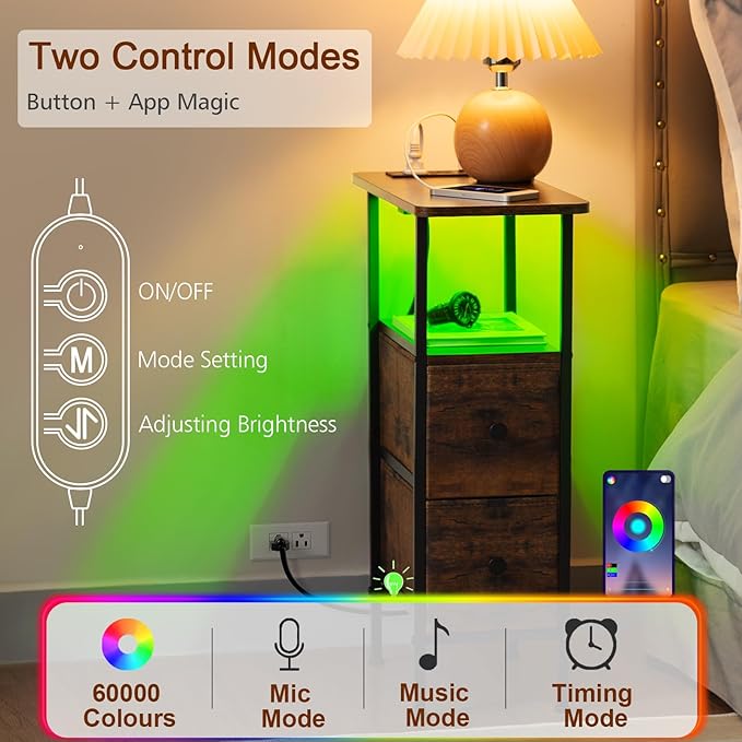 Narrow Nightstand with Charging Station, End Tables Living Room Set of 2, Skinny Side Table with Fabric Drawers, Small Sofa Table with LED Light for Bedroom, Rustic Brown, HETNDP02LPBR