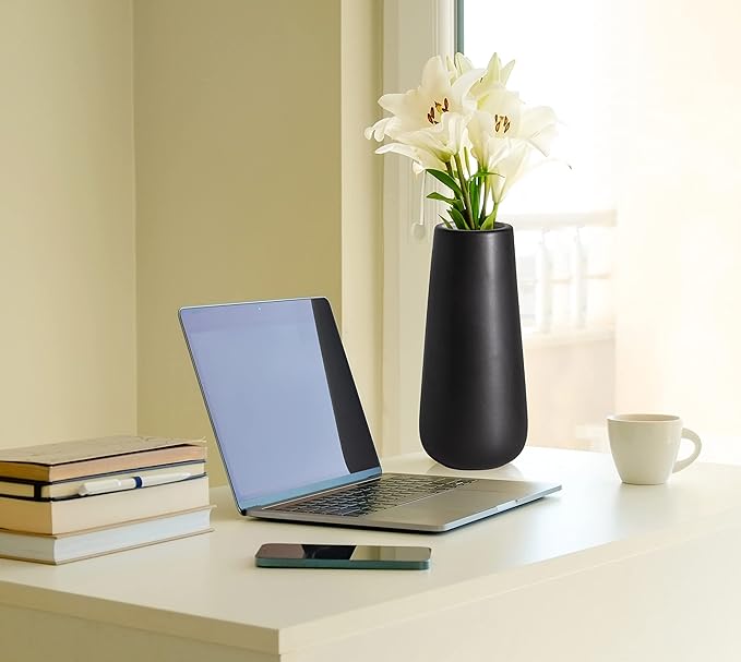 D'vine Dev 8 Inch Ceramic Flower Vase Matte Finishing, Minimalist Design for Home Décor, Bedroom, Living Room, Centerpieces, Office, Ebony Black, VS-XH-E-1