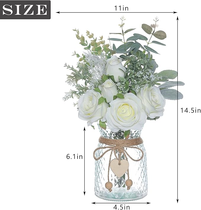Faux Flowers with Vase,Artificial Silk Roses in Vase, Fake Plant Eucalyptus Flower Arrangement for Home Office Farmhouse Bathroom Dining Table Centerpiece Decorations Coffee Table Decor (White)