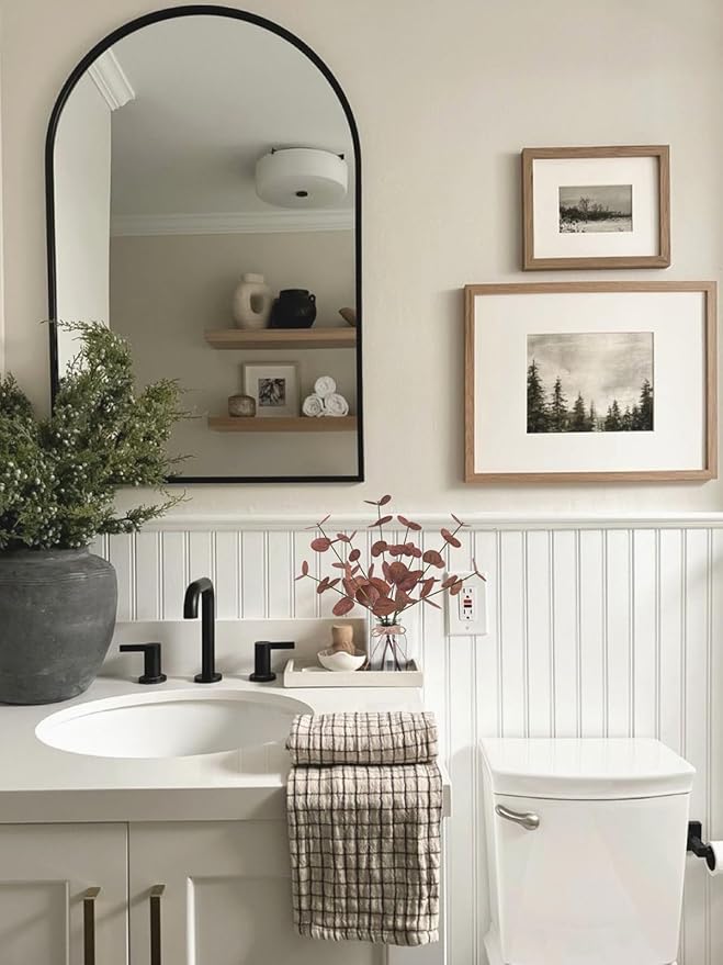 Artificial Eucalyptus Stems in Glass Vase with Faux Water, 14" Fake Plants for Home Decor, Coffee Table Centerpieces, Office, Bathroom & Farmhouse Weddings - Faux Plants Decorations