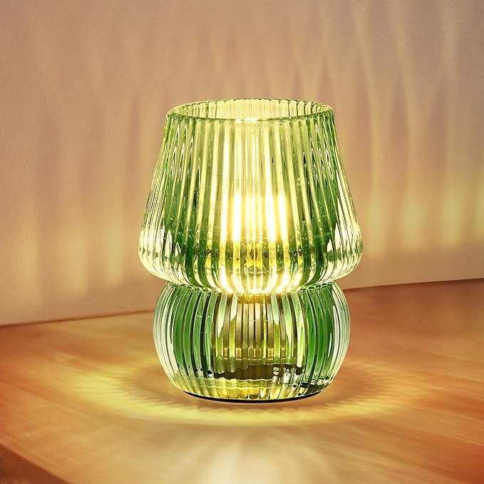 Battery Operated Lamp with Timer, Small Cute Cordless Glass Table Lamp for Home Decor, Kitchen, Bathroom, Birthday Gift for Women, Mushroom, Green