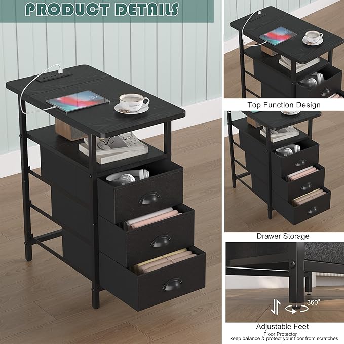 End Table with Charging Station,LED Side Tables with USB Ports and Outlets,Narrow Nightstands Bedside Tables with 3 Drawers PU Finish for Small Space,Slim Sofa Table for Livingroom,Black