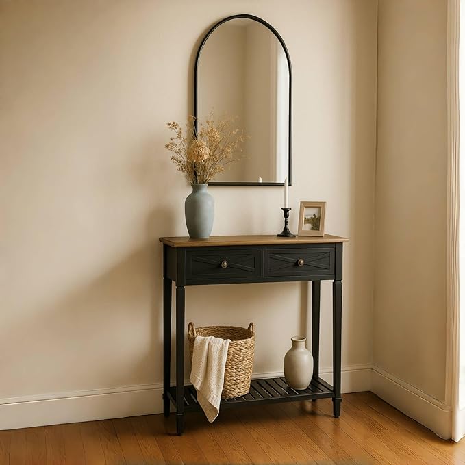 KINTNESS Entryway Table, Narrow Console Table with 2 Drawers, Sofa End Table with Shelves for Living Room Hallway, Black