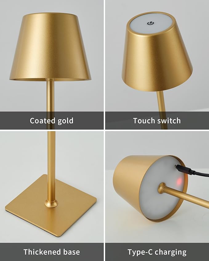 KDG 2 Pack Cordless Table Lamp, Portable LED Desk Lamps, 5000mAh Battery Operated, 3 Color Stepless Dimming Up, for Restaurant, Bedroom, Outdoor Camping, Coffee Shop, Night Light, Rechargeable (Gold)