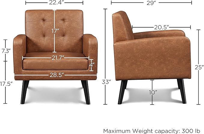 Yaheetech Mid-Century Accent Chairs, PU Leather Modern Upholstered Living Room Chair, Cozy Armchair Button Tufted Back and Wood Legs for Bedroom/Office/Cafe, Retro Brown
