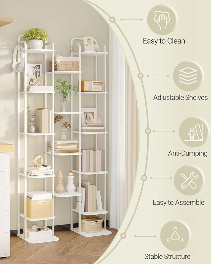 10 Tiers Vertical Shoe Rack, Narrow Shoe Tower, Tall Shoes Shelf with 2 Hooks, Adjustable Shelves, Corner Shoes Shelves for Small Spaces, Entryway, Living Room, White SR11213W