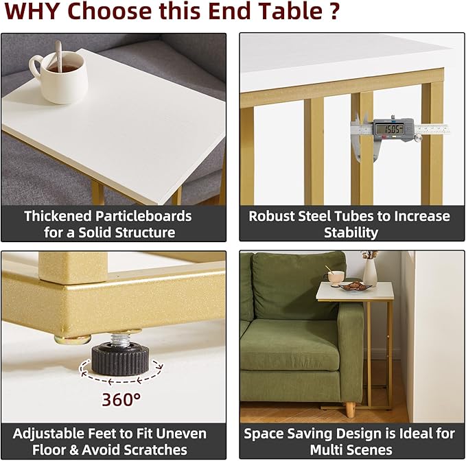 Small Side Tables C Shaped, End Table, Small Table Stand for Living Room Bedroom, Little Bedside Table 16x12x25 inch White+Gold YD-TM051WG-2