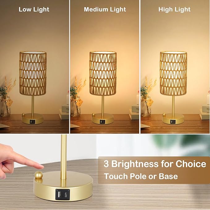 Gold Table Lamp for Bedroom with Bulb, Small Touch Control Table Lamp for Living Room with Rattan & Linen Shade, 3 Way Dimmable Bedside Lamp for Nightstand with USB Charging Port & Phone Stand