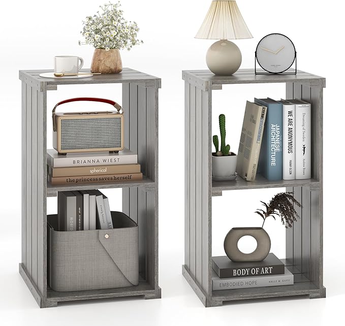 Giantex 2-Cube Bookcase Set of 2, 3-Tier Paulownia Wood Cubic Organizer w/Open Back, Freestanding Cubby Storage Shelf, Slatted Wooden End Table, Farmhouse Style Bookcase for Living Room, Bedroom