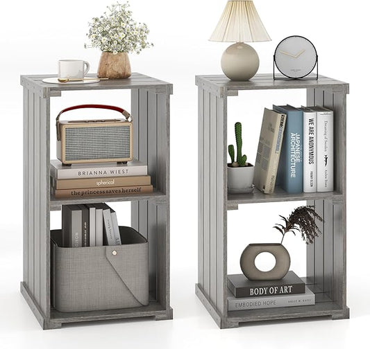 Giantex 2-Cube Bookcase Set of 2, 3-Tier Paulownia Wood Cubic Organizer w/Open Back, Freestanding Cubby Storage Shelf, Slatted Wooden End Table, Farmhouse Style Bookcase for Living Room, Bedroom