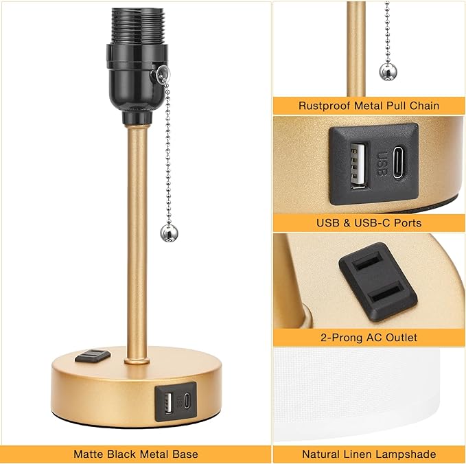 Dicoool Small Bedside Lamps 3 Color Modes - 3000K 4000K 5000K Bedroom Lamps with USB C and A Ports, Pull Chain Gold Table Lamps with AC Outlet, Nightstand Lamps with Gold Metal Base for Kids Reading