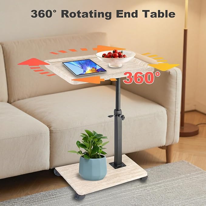 Side Table TV Tray for Couch,Height Adjustable C Shaped End Table for Small Spaces,Bedside Bathroom Living Room (Creamy White)