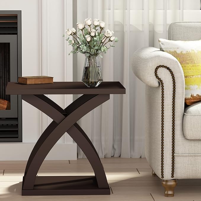 ChooChoo End Side Table, Modern End Table with Storage Shelf, X-Design Side Table Living Room(Espresso)