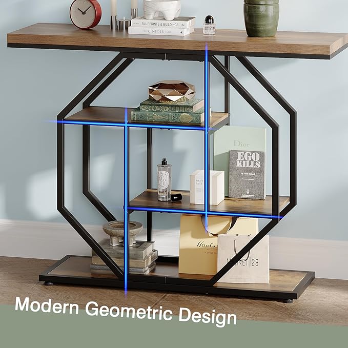 GiftGo 41.3" Narrow Console Table Entryway Industrial 4-Tier Sofa Table Behind Couch with Octago Base Wood Accent Tables with Storage Shelves for Living Room, Hallway, Foyer (Brown)