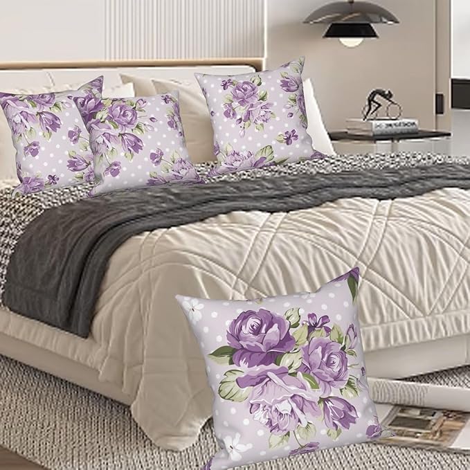 Purple Flower Throw Pillow Covers 16"x16" Set of 4, Vintage Floral Sofa Pillowcases for Chair Couch Bed Living Room Office Car Garden Patio Farmhouse Indoor Outdoor Decorative