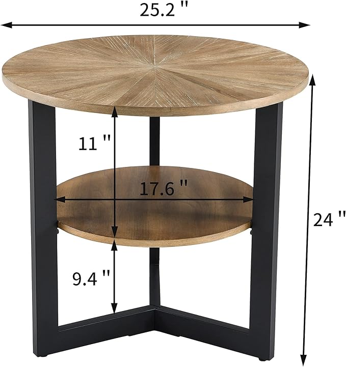 MODERION Round Large End Table with 2 tire Storage Shelf, 25.2” Solid Wood Sofa Side Table with Black Metal Frame, Beside Table for Living Room,Small Space Rustic Natural CJZ1338