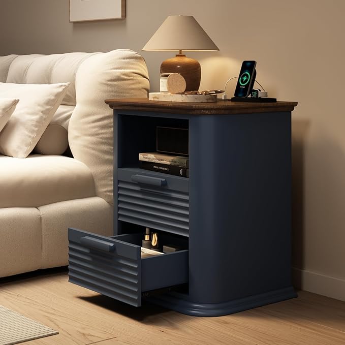22'' Fluted Nightstand with Charging Station, Modern End Table with 2 Drawers and Open Storage, Wood Night Stand with Round Corner, Side Table for Bedroom, Living Room, Curved Profile,Dark Navy Blue