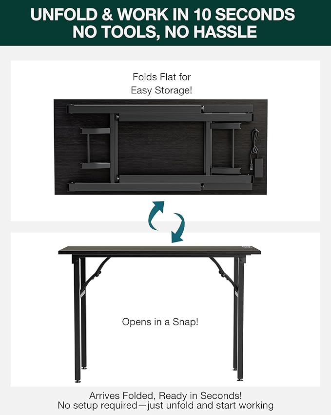 Frylr Small Folding Computer Desk – 43.3 Inch Portable Table for Craft and Study, Lightweight Desk for Small Spaces, Foldable Laptop Table Built-in AC/USB Outlets for Convenience, Charcoal Wenge