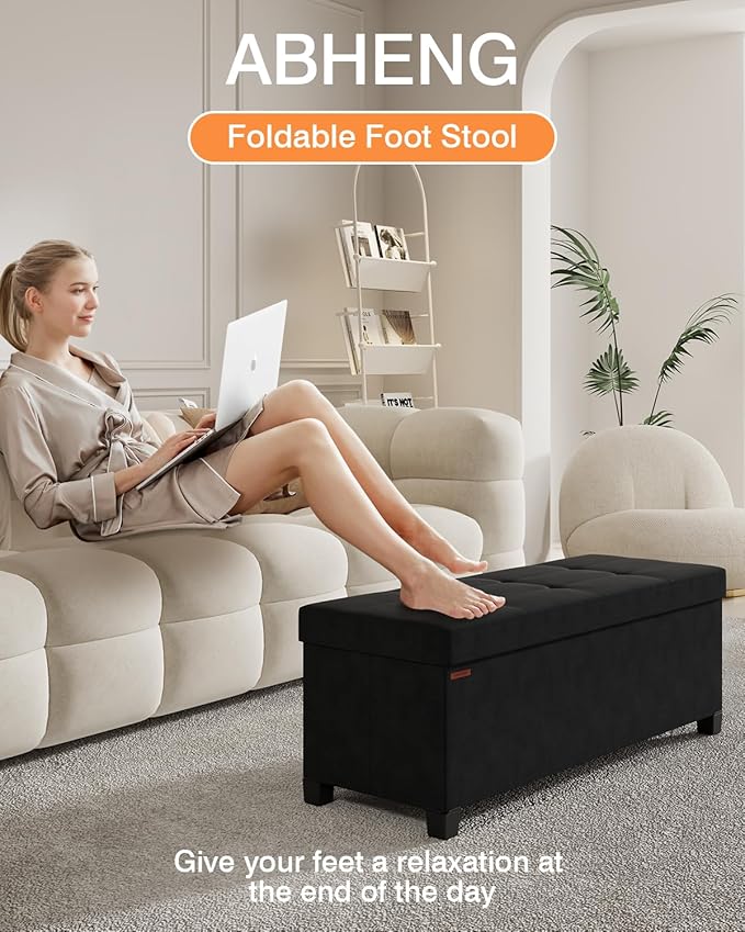 Foldable Storage Ottoman Bench, Velvet Footrest and Seat Cube with Feet, Storage Chest, for Living Room, Bedroom and Office, 15 x 43 x 15.7 Inches, Ink Black, UASND24B