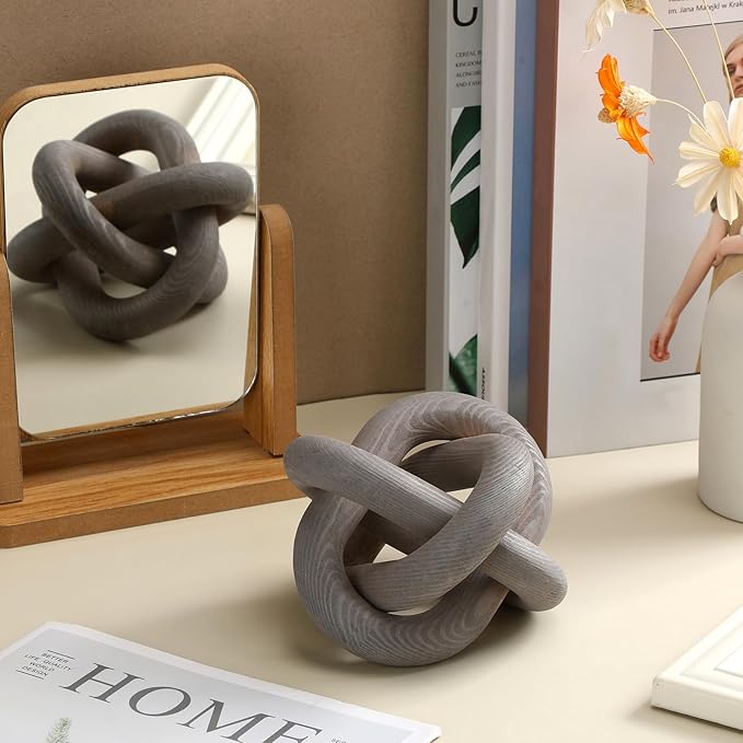 3 Link Wood Knot Decor - Hand Carved Coffee Table Decoration, Boho Chain Link Decor, Modern Shelf, Rustic Objects for Home Living Room Bedroom(Gray)