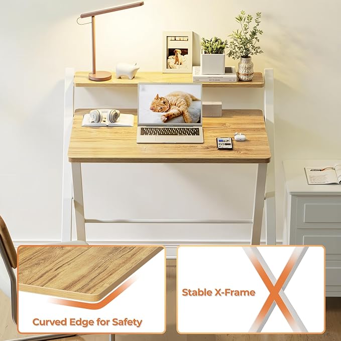 GreenForest Portable Small Desk No Assembly, 2-Tier Compact Computer Desk with Shelf, Space Saving Foldable Table for Home Office, Bedroom or Apartment, Portable Collapsible Sturdy Laptop Desk, Oak