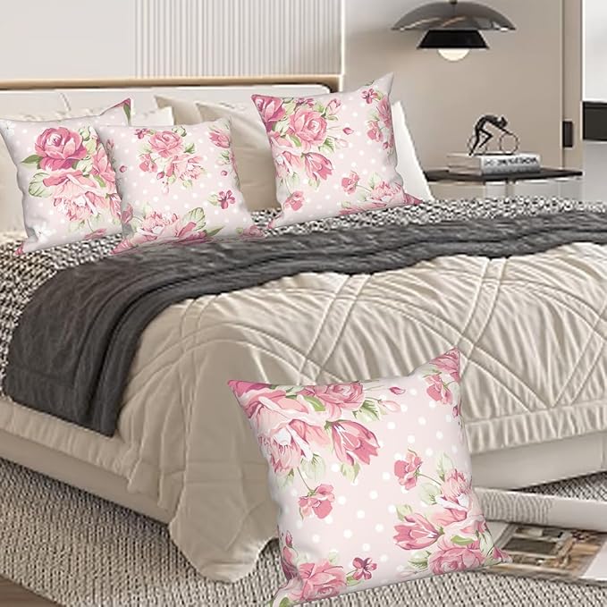 Flower Throw Pillow Covers 16''x16'' Set of 4, Romantic Spring Blooming Pink Roses Floral Couch Cushion Cases for Chair Sofa Bed Living Room Garden Car Indoor Outdoor Home Decorative