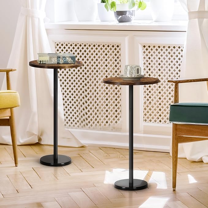 smusei Set of 2 Small Side Table for Small Spaces 2 Packs Drink Table Round Pedestal Side Tables with Marble Base for Sofa Couch Chair Patio, Brown and Black