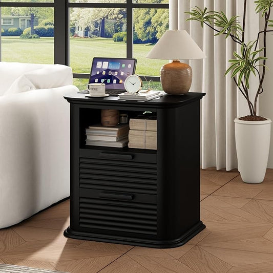 22'' Fluted Nightstand with Charging Station, Modern End Table with 2 Drawers and Open Storage, Wood Night Stand with Round Corner, Side Bedside Table for Bedroom, Living Room, Curved Profile,Black