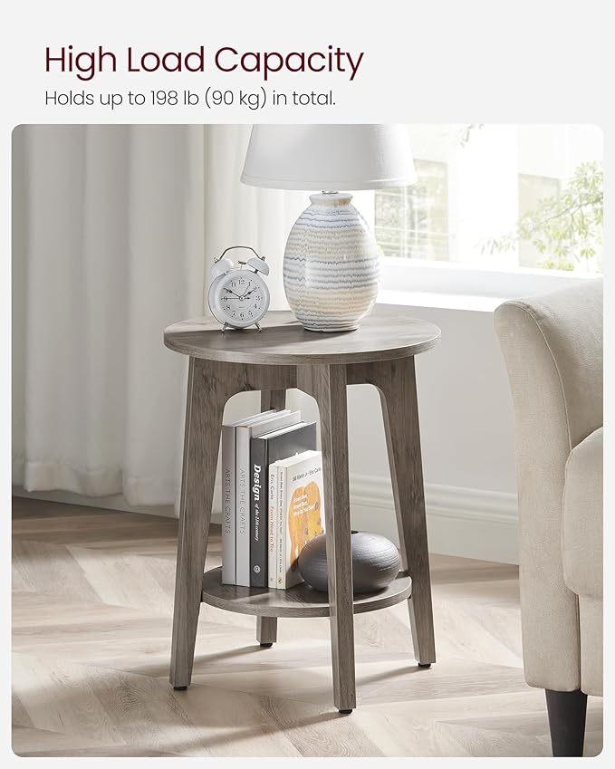 VASAGLE MAEZO Collection - Side Table, 2-Tier Small Round End Table, Nightstand with Tapered Legs, Curved Transitions, for Small Spaces, Living Room, Bedroom, Heather Greige ULET283T02