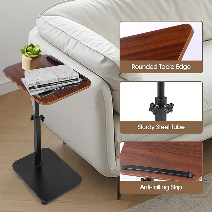 Swivel TV Tray Side Table Adjustable Height Couch Tables for Small Space Folding C Shaped End Table with 360°Rotating 180°Flip Top Sofa Laptop Pedestal Tables for Living Room Bedroom Bedside