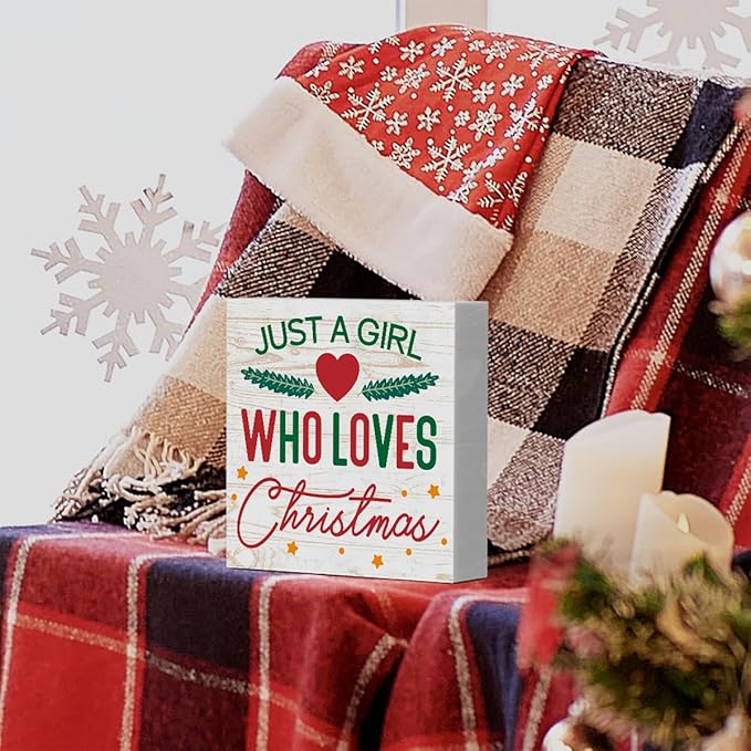 Rustic Just A Girl Who Loves Christmas Tree Wood Box Sign, Farmhouse Christmas Santa Artwork Decor, Wood Square Sign Desk Block Signs Home Shelf Office Decoration 5 x 5 Inches