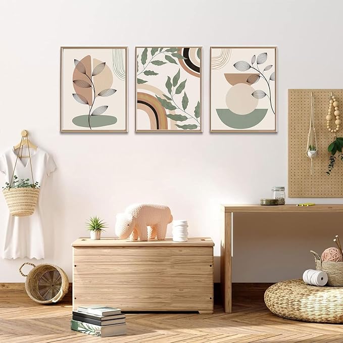 3 pcs Boho Canvas Wall Art Green Sage Botanical Painting Wall Decor Pictures Mid Century Modern Minimalist poster print for Living Room Bedroom Bathroom Home Decoration UnFramed