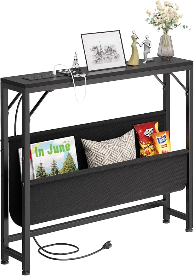 31.5'' Small Console Table with Charging Station and Storage, Entryway Table Narrow with Power Outlets and USB Ports, Skinny Sofa Table, for Living Room, Foyer, Entryway, Hallway, Black