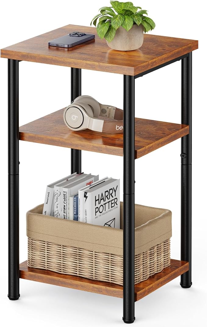 Sweetcrispy 3-Tier End Table with Adjustable Feet, Side Tables, Small Nightstand, 1-Pack for Bedroom, Living Room, Office, Brown