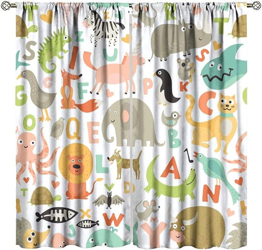 Alphabet Curtains，Cute Cartoon Animals English Pattern Blackout Print Window Drapes for Bedroom Living Room 42x54 Inch