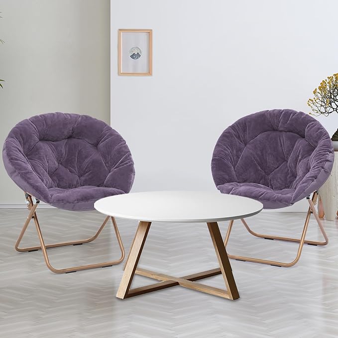 Athena Collection Comfy Saucer Chair Folding Cozy Chair for Bed Room Living Room Accent Chair Faux Fur Reading Chair Foldable Metal Frame Lazy Chair Moon Chair for Adult Set of 2, Purple