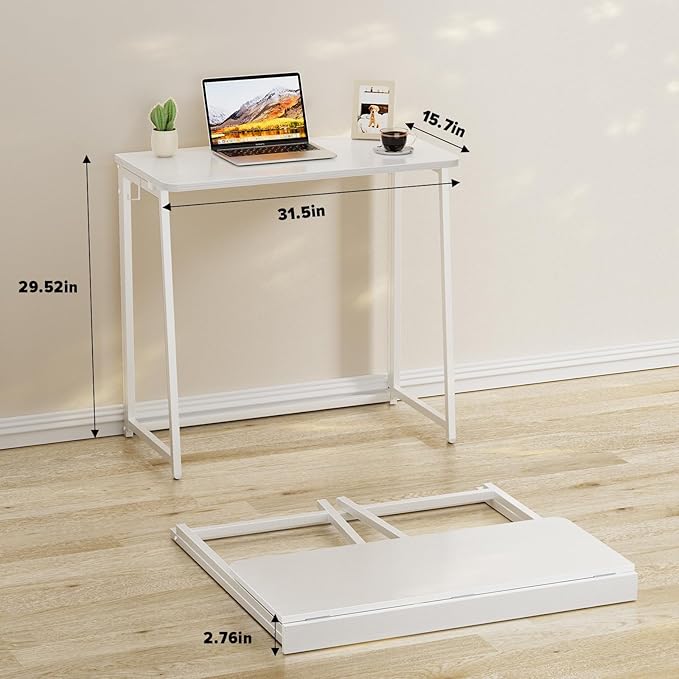 WOHOMO Folding Desk, 31.5" Small Desk for Small Spaces, Easy Assemble Foldable Computer Desk for Laptop, Mini Portable Working Table Narrow Wooden Writing Workstation for Home Office, White
