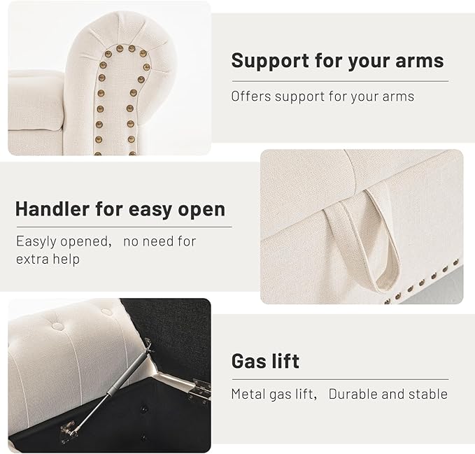 Furniliving 63” End of Bed Bench, Bedroom Bench with Button-Tufted, Large Upholstered Storage Ottoman Benches Entryway Bench with Storage Shoe Cabinet Bench, for Bedroom, Living Room, Linen, Beige