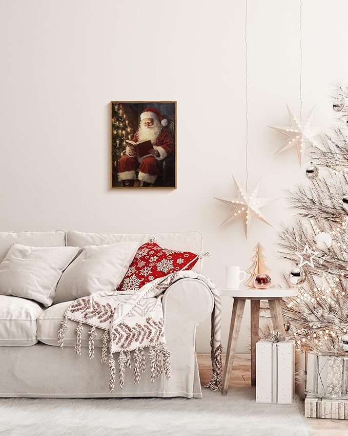 ARPEOTCY Framed Canvas Wall Art, Vintage Christmas Decor, Living Room Retro Santa Picture, Home Winter Decor for Bedroom Bathroom, Cottagecore Xmas Holiday Decorations Gifts, 12x16 Inch