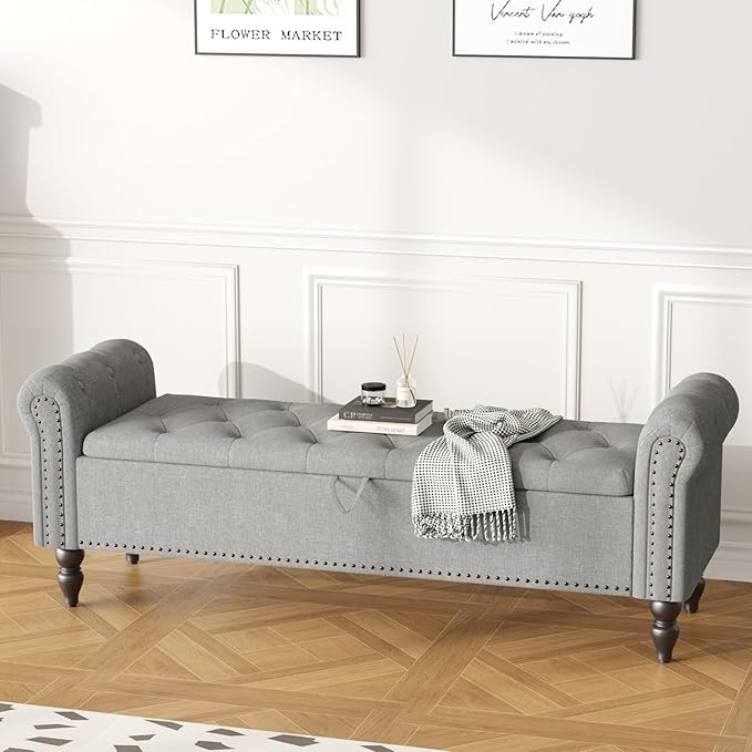 Furniliving 63” End of Bed Bench, Bedroom Bench with Button-Tufted, Large Upholstered Storage Ottoman Benches Entryway Bench with Storage Shoe Cabinet Bench, for Bedroom, Living Room, Linen, Grey
